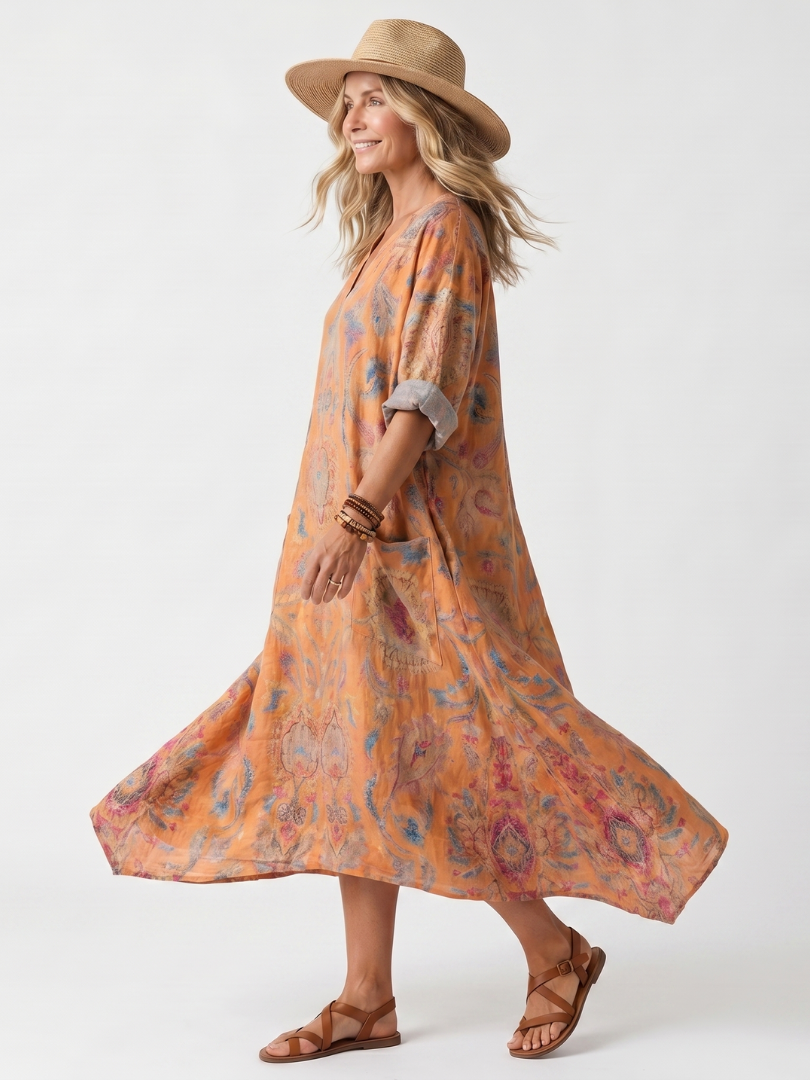 Antonella | Robe Midi Oversize Imprimée à Poches et Col Cranté