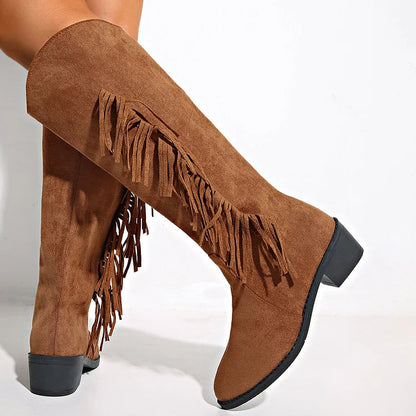 Hermine | Bottes Hautes Marron en Suédine à Franges et Talon Épais