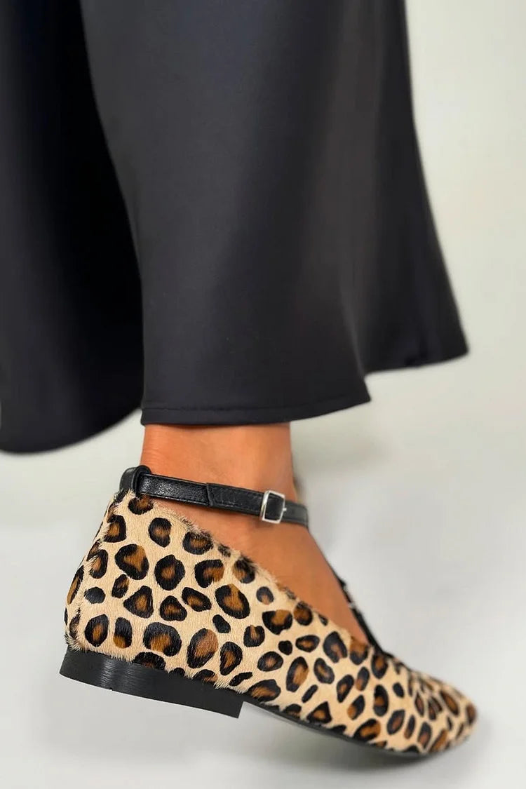 Ballerines color block à imprimé léopard Beige avec boucle et bride en T [Précommande]