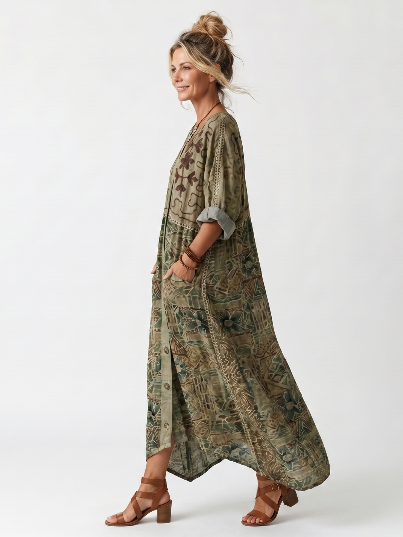 Caterina | Robe Midi Oversize Brodée à Boutons et Poches
