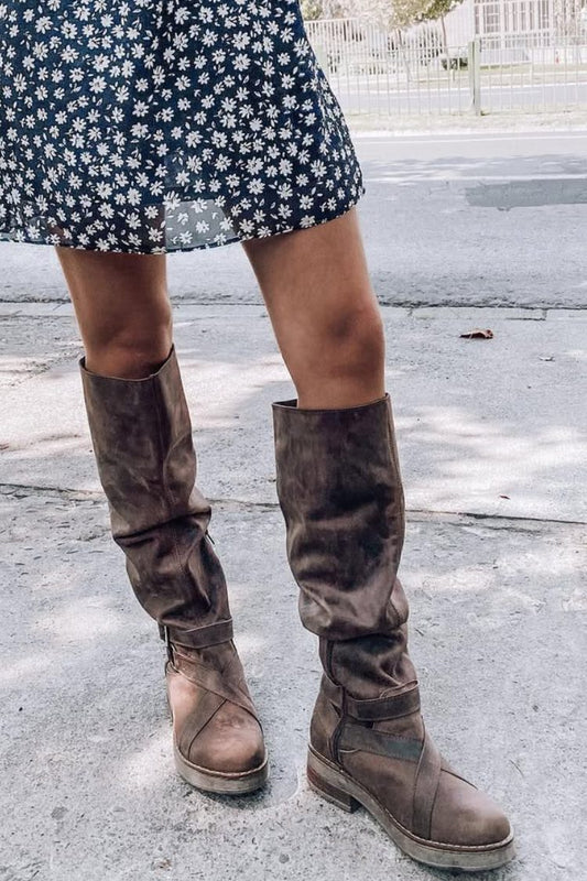 Jacinthe | Bottes Hautes Marron Froncées à Boucle