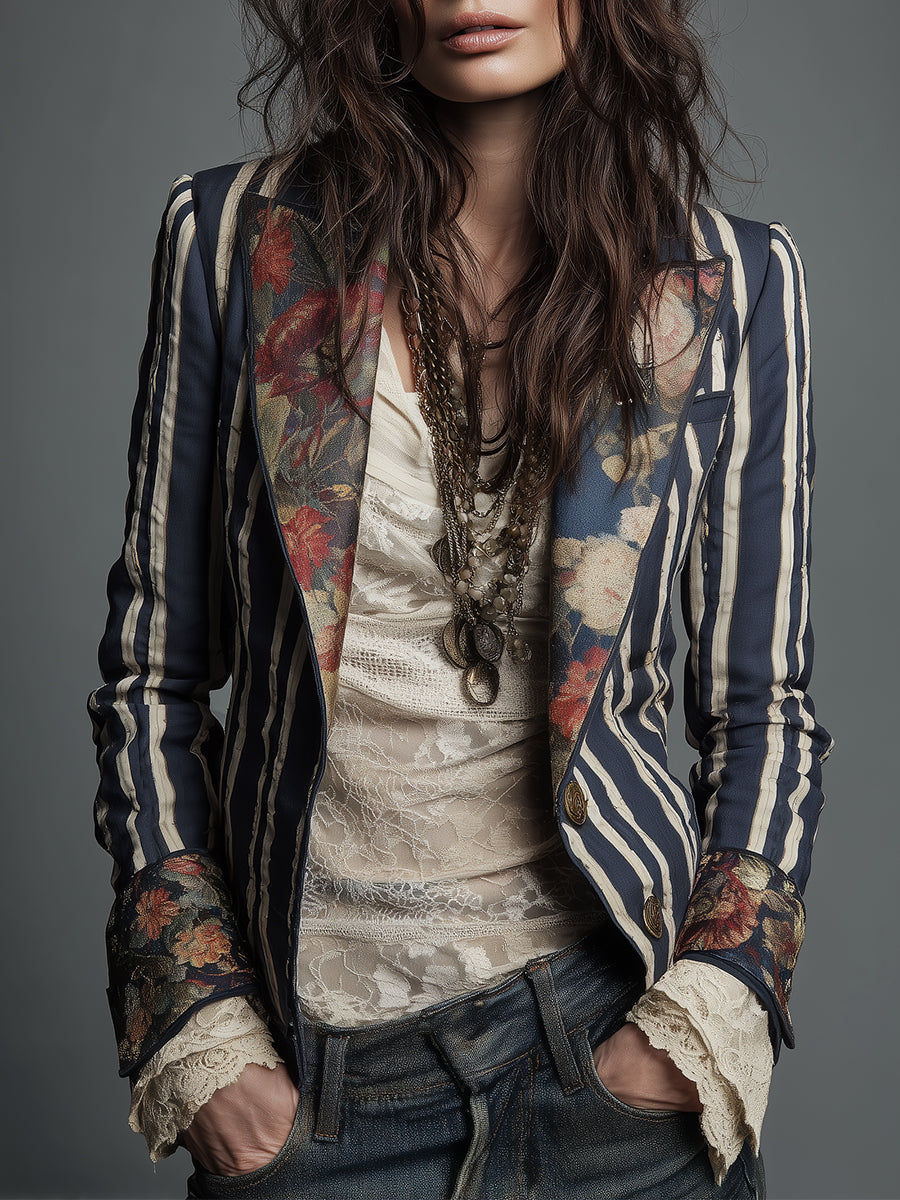 Oriane | Blazer Rayé Coton et Lin à Imprimé Fleuri