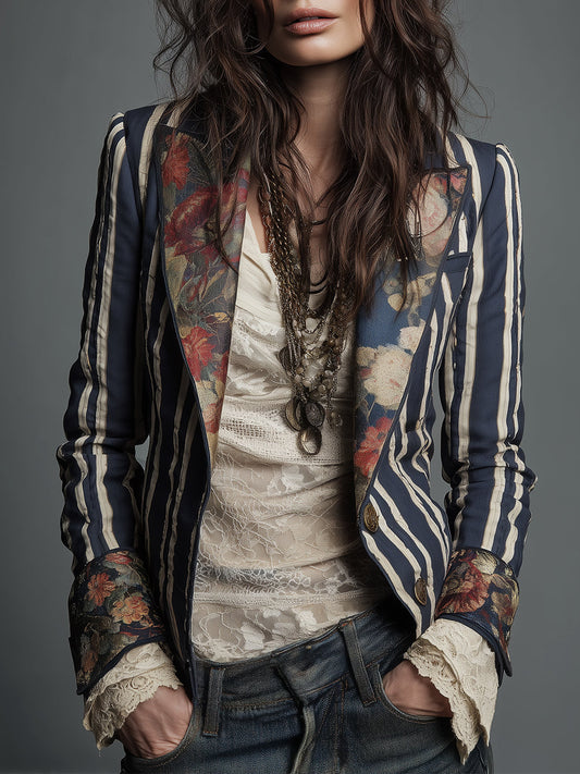 Oriane | Blazer Rayé Coton et Lin à Imprimé Fleuri