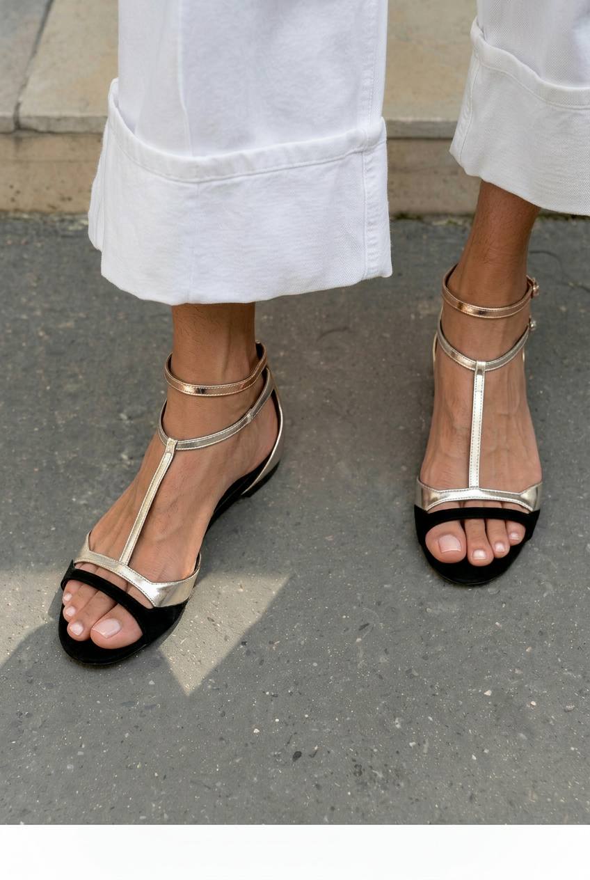 Sandales plates métallisées à bout ouvert avec bride en T