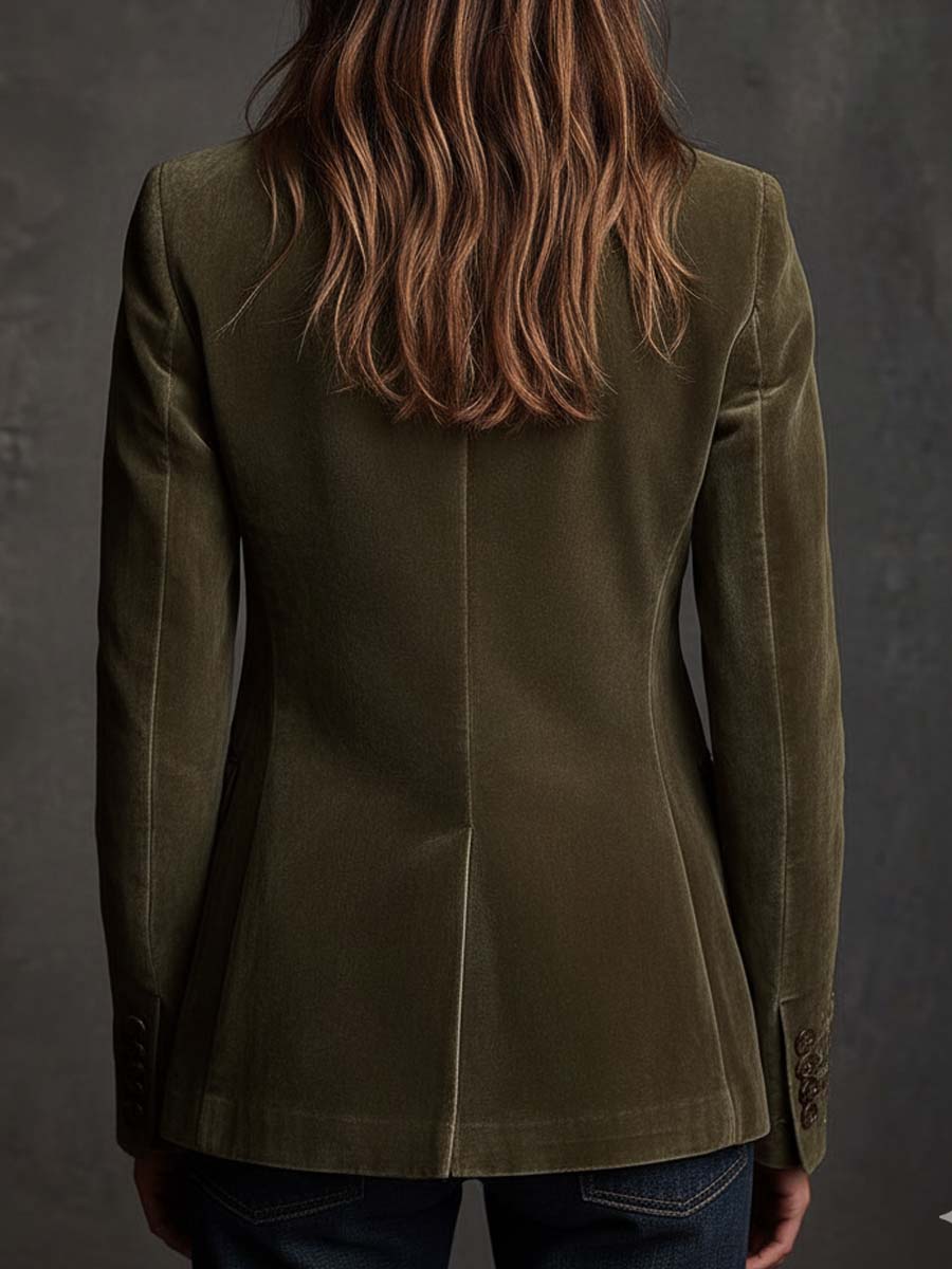 Huguette | Blazer en Velours Vert Olive Brodé de Fleurs