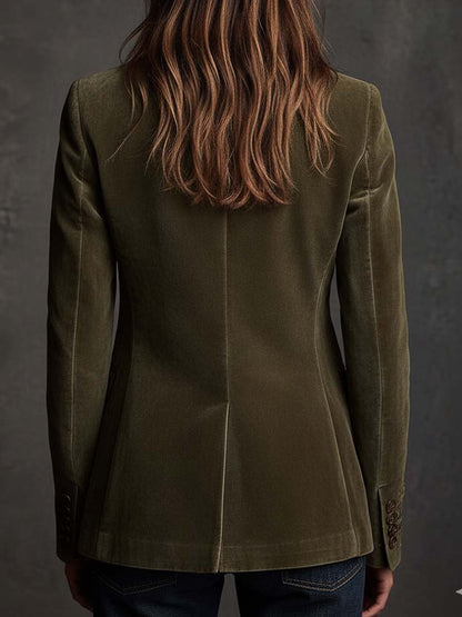 Huguette | Blazer en Velours Vert Olive Brodé de Fleurs