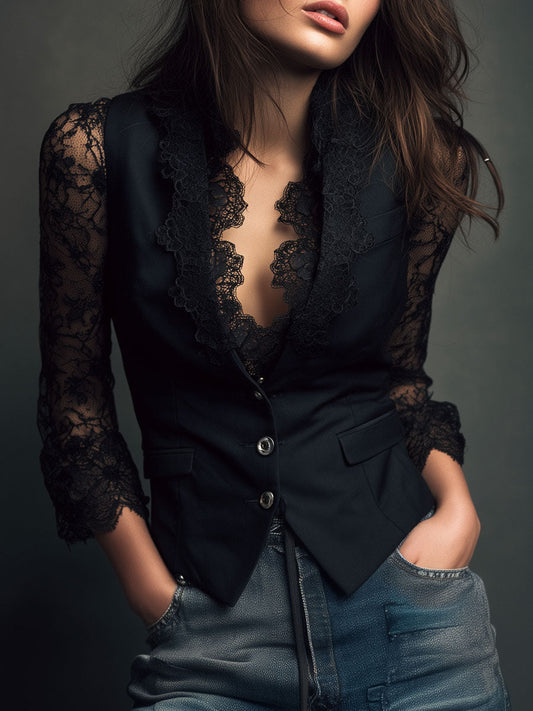 Noemi | Blazer Court Noir à Manches Semi-Transparentes