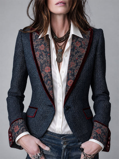 Laurine | Blazer Chevrons à Revers en Velours Fleuri