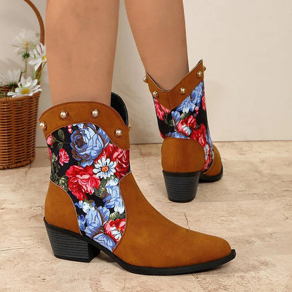 Hortense | Bottes Western Cloutées à Patchwork Fleuri