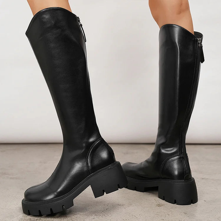 Mélisande | Bottes Hautes Noires à Zip et Talon Épais