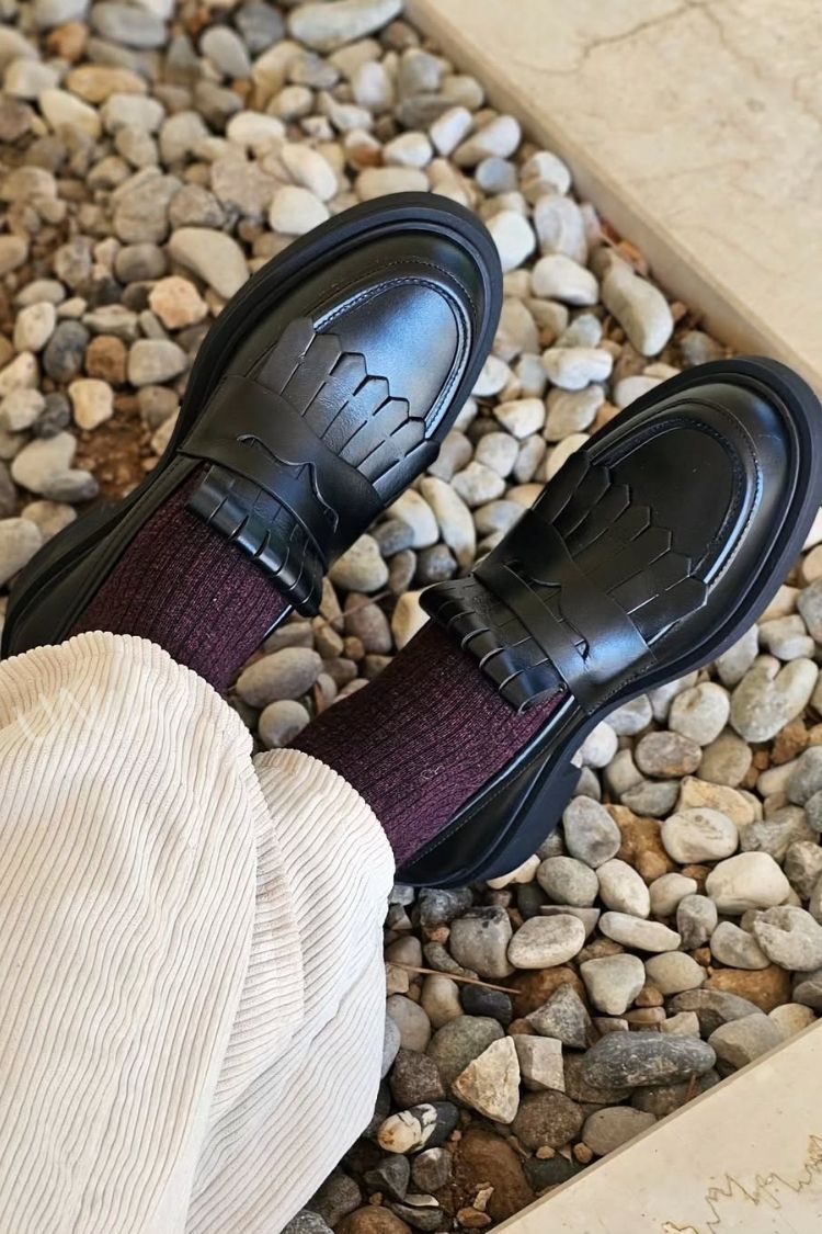 Jacqueline | Mocassins Noirs à Plateforme Chunky et Franges