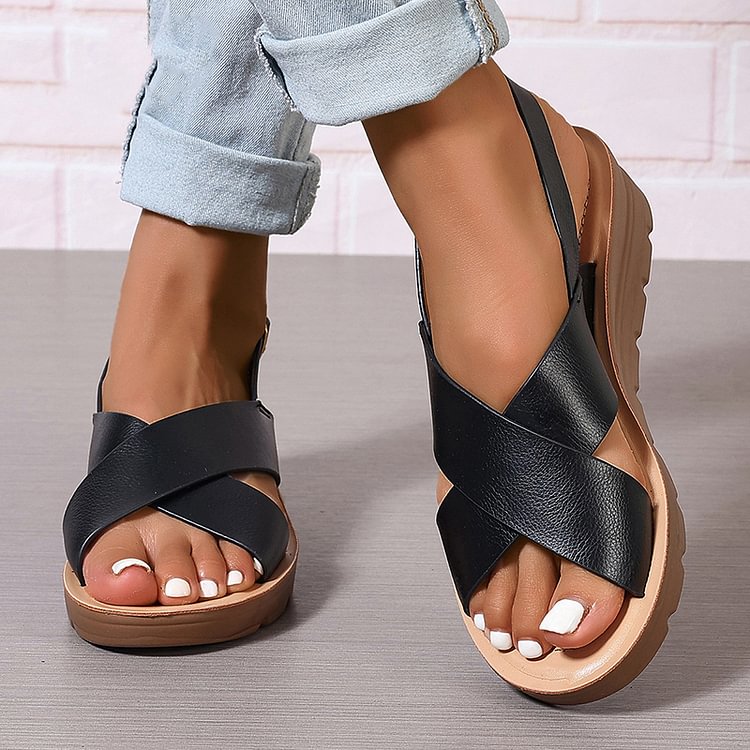 sandales compensées à bride croisée, slingback et boucle, bout ouvert.