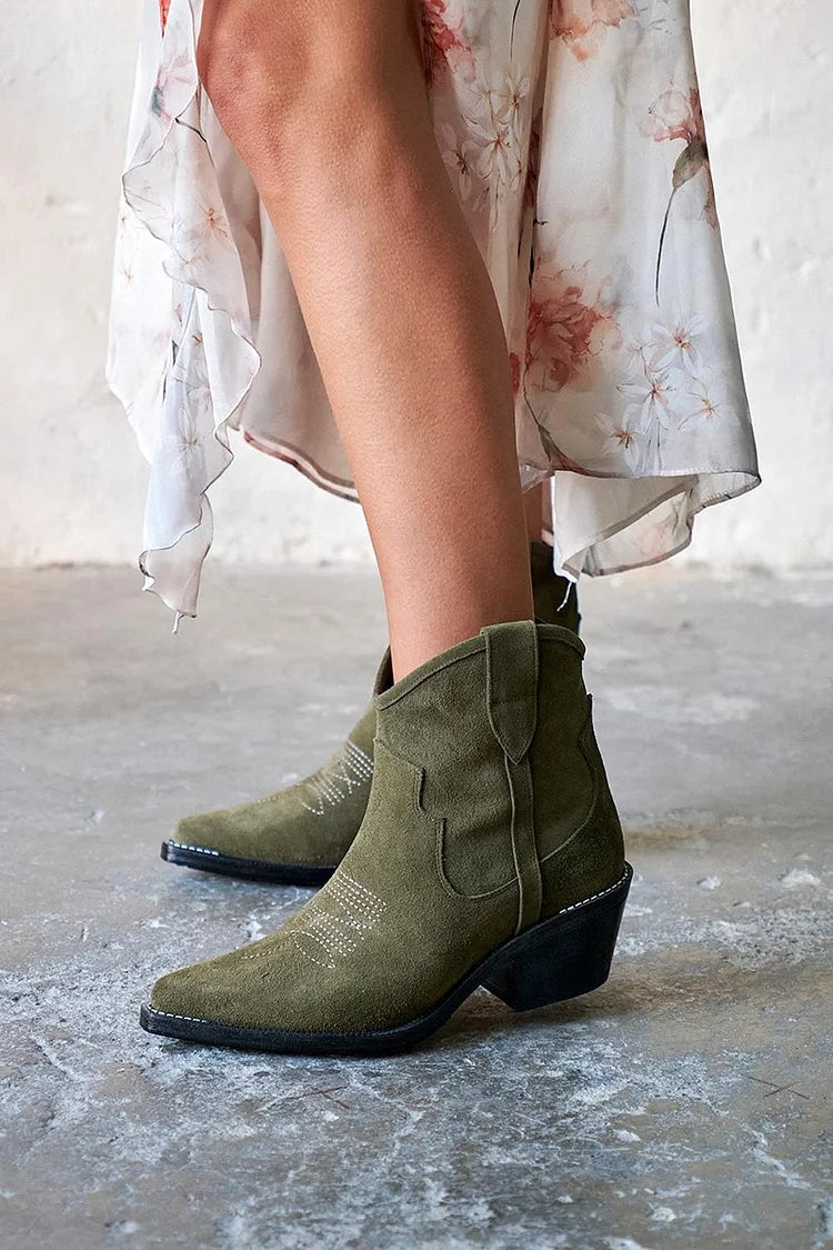 Hélène | Bottes Western Vertes Pointues à Surpiqûres