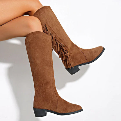 Hermine | Bottes Hautes Marron en Suédine à Franges et Talon Épais