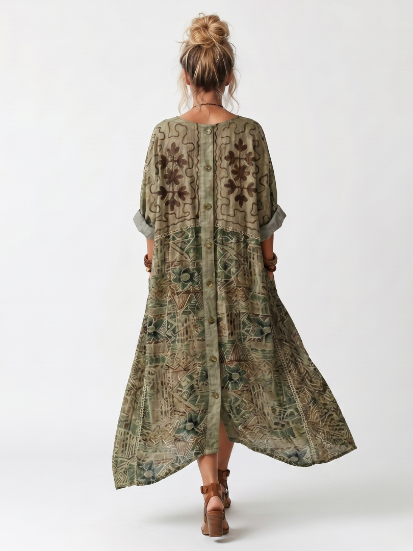 Caterina | Robe Midi Oversize Brodée à Boutons et Poches