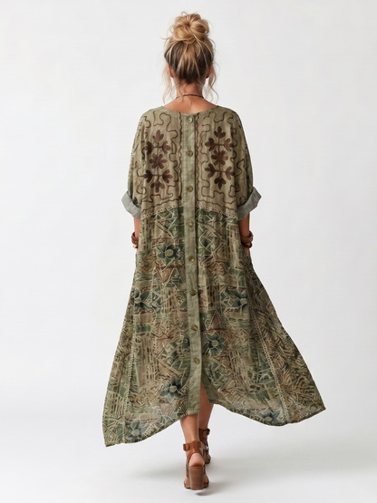 Caterina | Robe Midi Oversize Brodée à Boutons et Poches