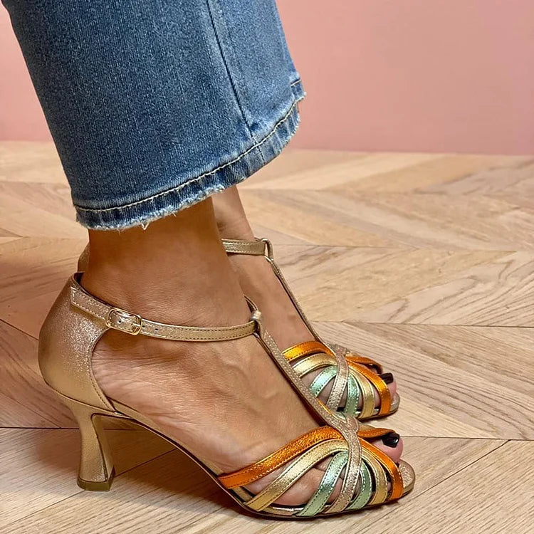 Talons aiguilles à découpes Multicolore et Or avec boucle et bride en T