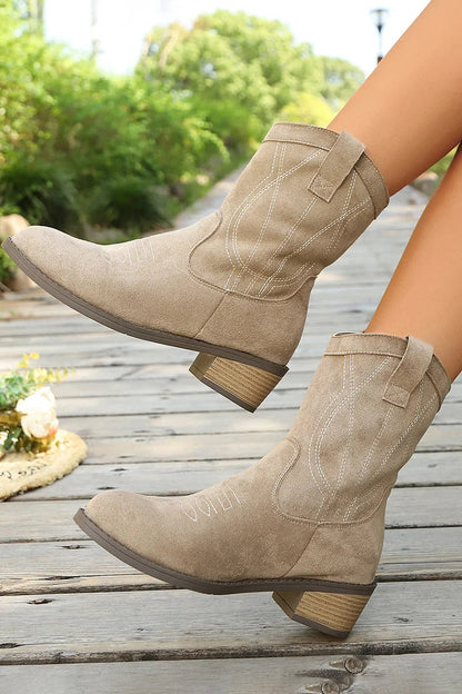 Pauline | Bottes Mi-Mollet en Suédine à Surpiqûres et Bout Rond
