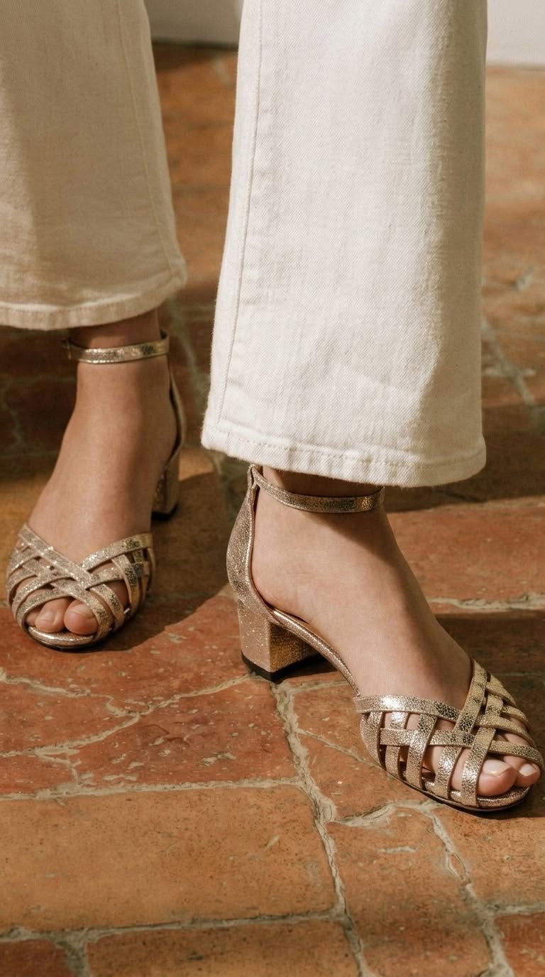 Talons larges peep toe tressés Or avec bride cheville et boucle