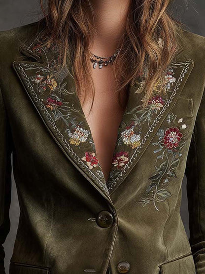 Huguette | Blazer en Velours Vert Olive Brodé de Fleurs
