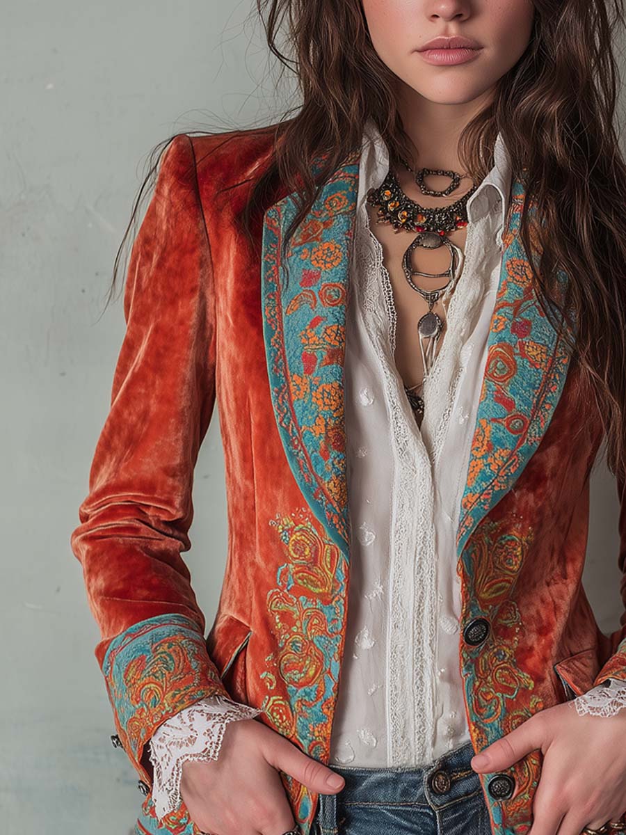 Ermeline | Blazer en Velours Imprimé à Contraste de Couleurs