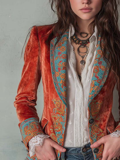 Ermeline | Blazer en Velours Imprimé à Contraste de Couleurs