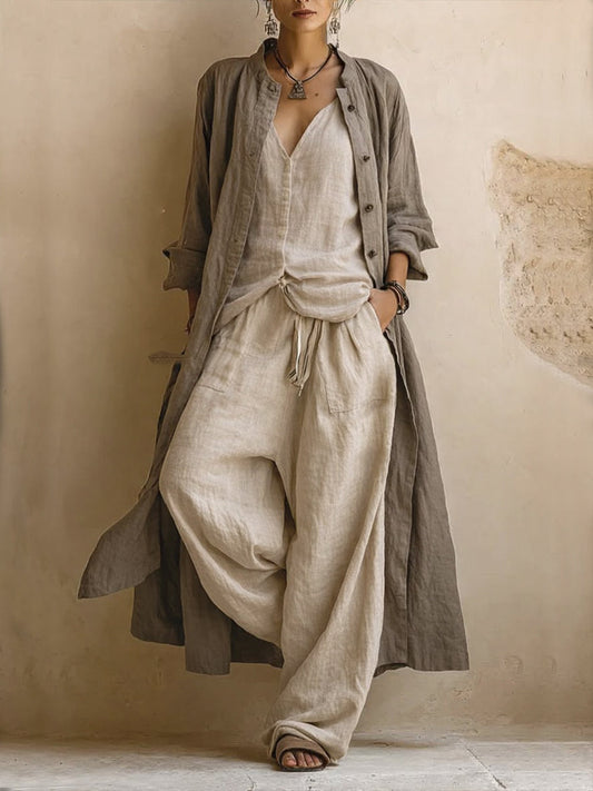 Donatella · Ensemble Décontracté Trois Pièces en Lin et Coton : Long Cardigan, Top Sans Manches et Pantalon Bohème