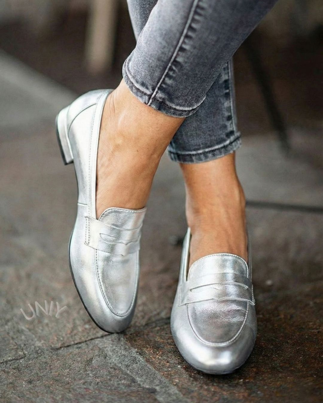 Marianne | Mocassins Penny Argentés Métallisés à Bout Rond