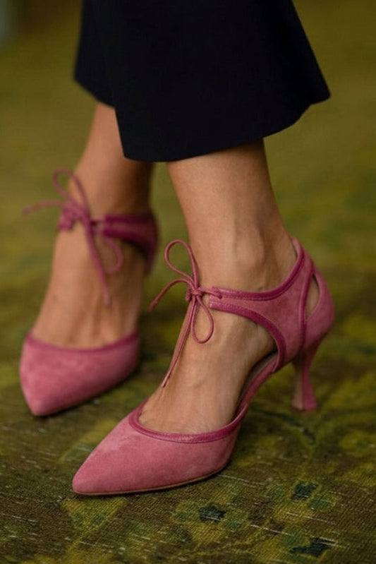 Talons kitten pointus en suédine Rose bicolore avec nœud