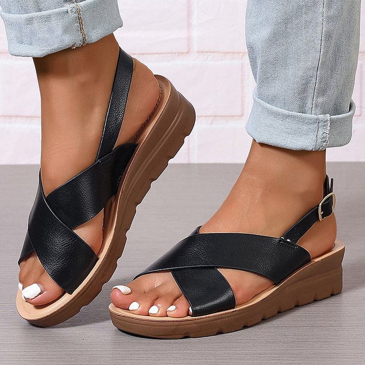 sandales compensées à bride croisée, slingback et boucle, bout ouvert.