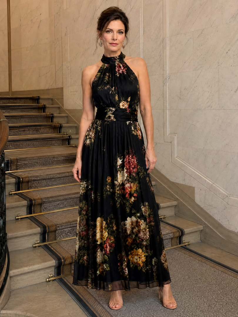 Sior | Robe Midi Fleurie à Col Licou