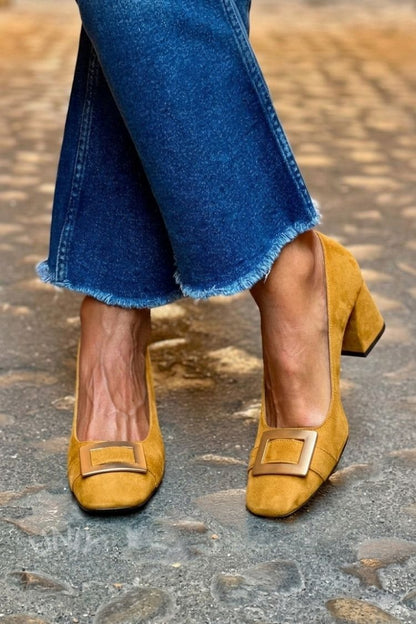 Talons larges patchwork Bleu Marine à bout carré