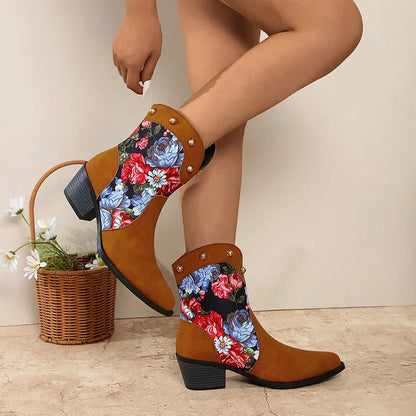 Hortense | Bottes Western Cloutées à Patchwork Fleuri