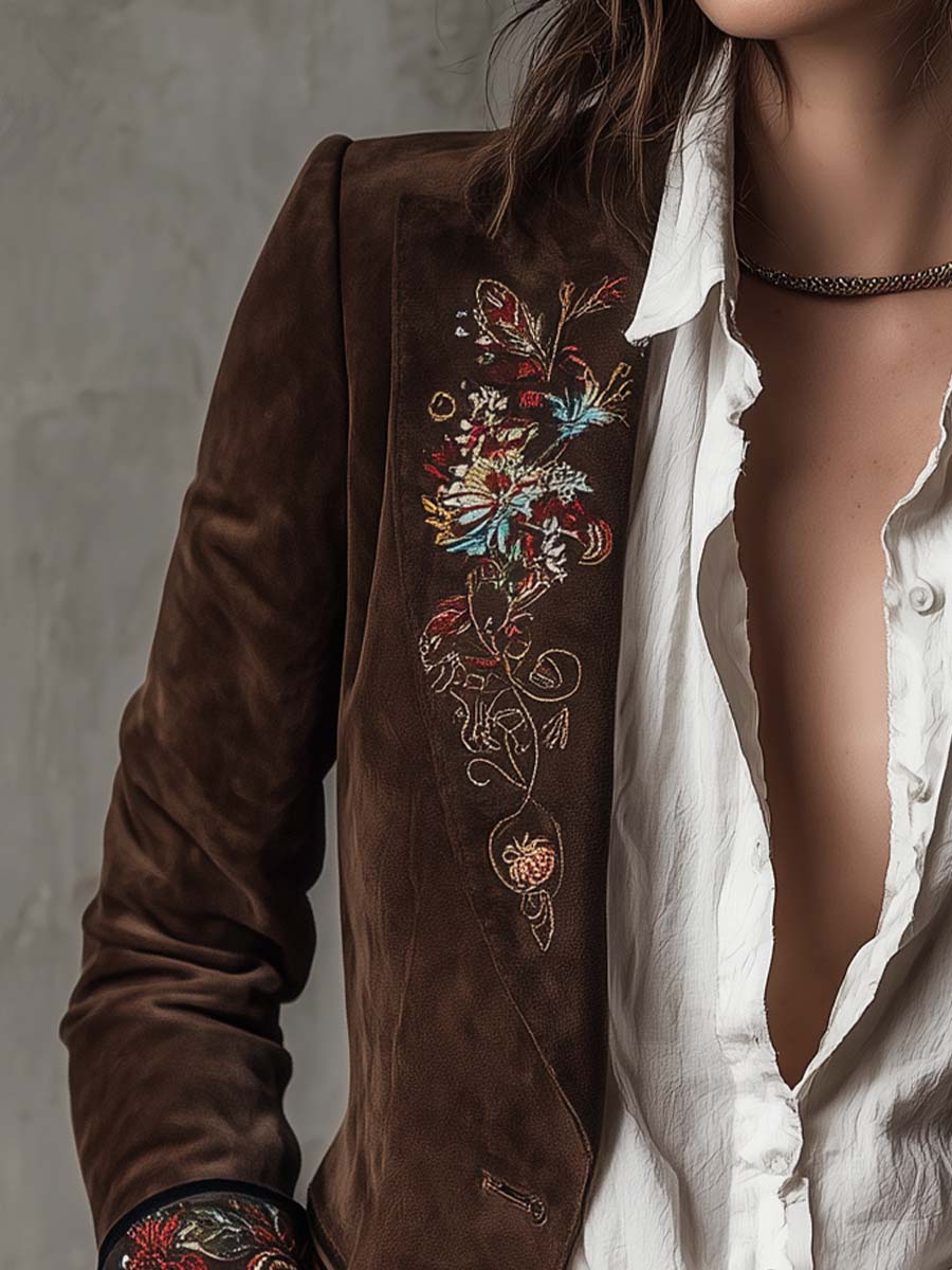 Domitia | Blazer en Suédine Marron Brodé