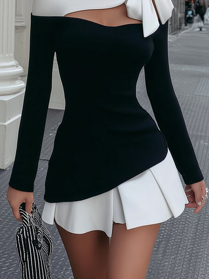 Faustine | Mini Robe Noir et Blanc à Bretelle et Nœud Cousu