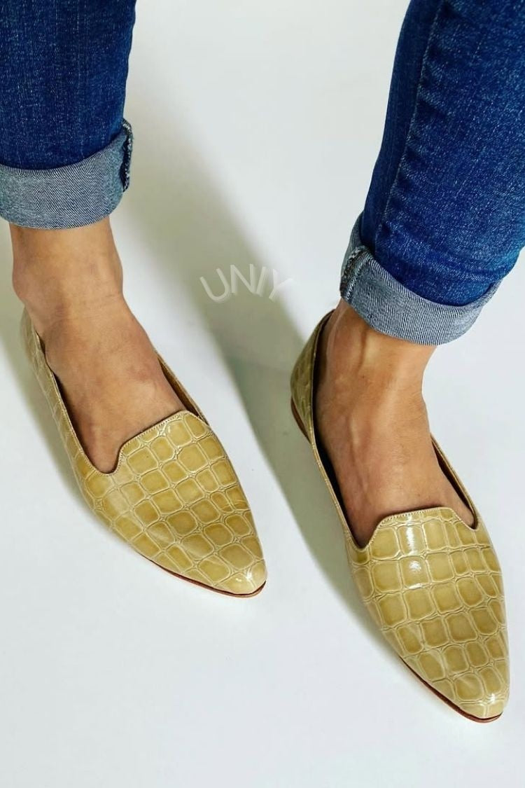 Émilie | Mocassins Pointus Jaunes Effet Croco