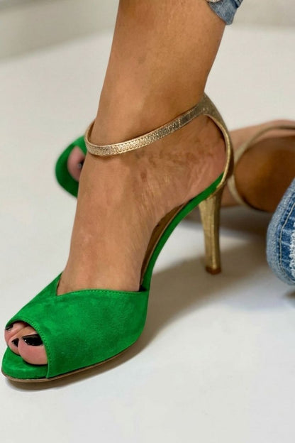 Talons aiguilles à bout ouvert pailletés avec bride cheville et boucle