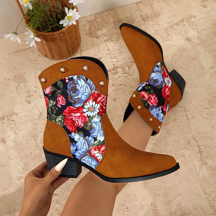 Hortense | Bottes Western Cloutées à Patchwork Fleuri