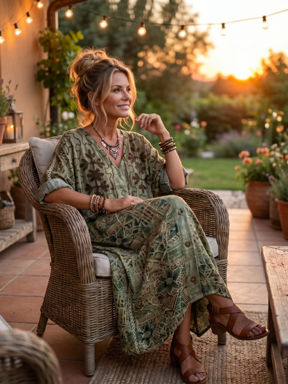 Caterina | Robe Midi Oversize Brodée à Boutons et Poches