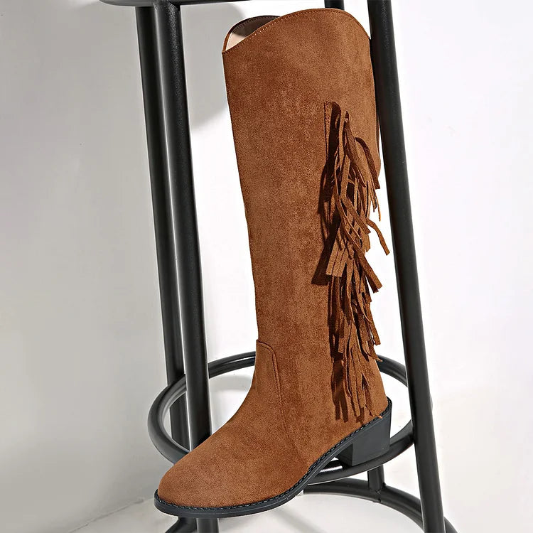 Hermine | Bottes Hautes Marron en Suédine à Franges et Talon Épais