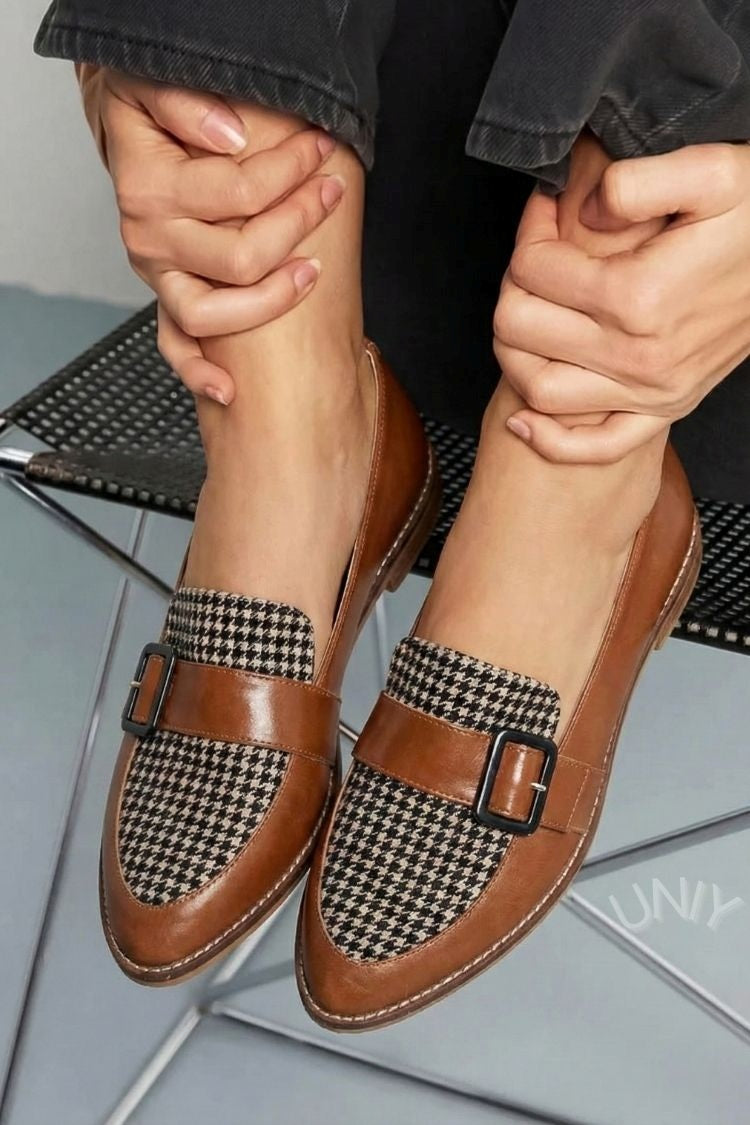 Françoise | Mocassins Vintage Pied-de-Poule à Bride et Boucle