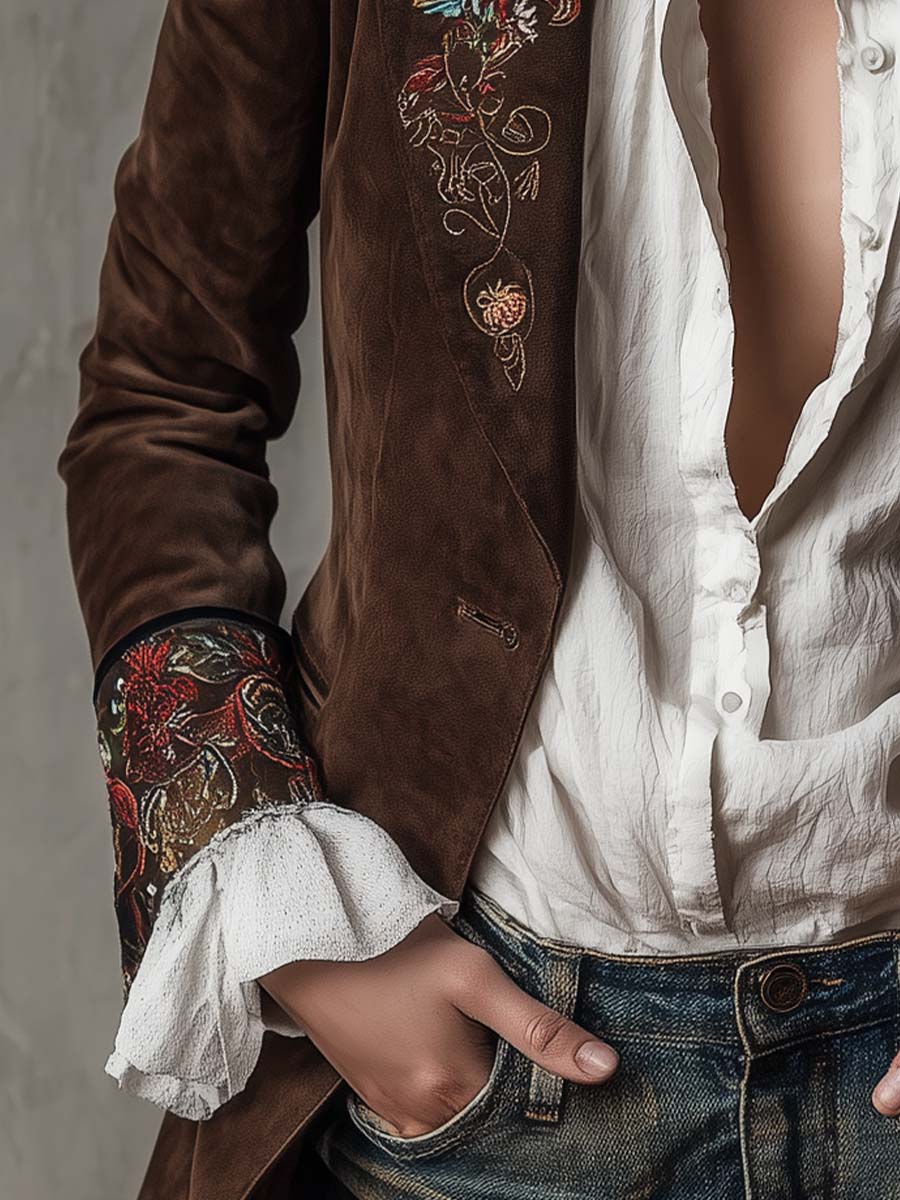 Domitia | Blazer en Suédine Marron Brodé