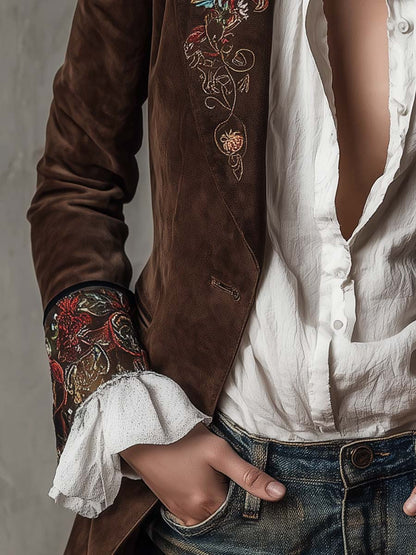 Domitia | Blazer en Suédine Marron Brodé