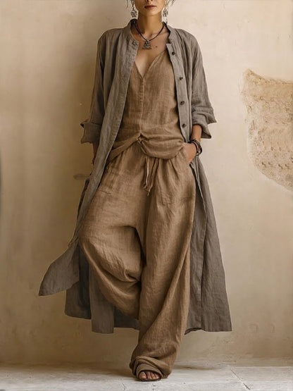 Donatella · Ensemble Décontracté Trois Pièces en Lin et Coton : Long Cardigan, Top Sans Manches et Pantalon Bohème