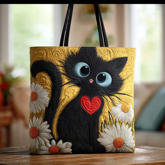 Valentina | Sac Matelassé Chat Noir avec Cœur et Marguerites