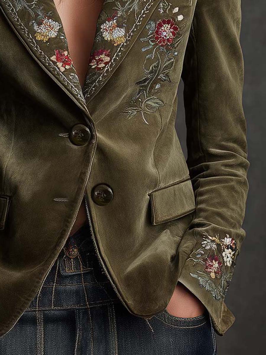 Huguette | Blazer en Velours Vert Olive Brodé de Fleurs
