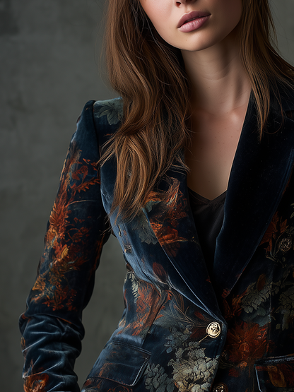 Aurélienne | Blazer en Velours Fleuri à Boutons Métalliques