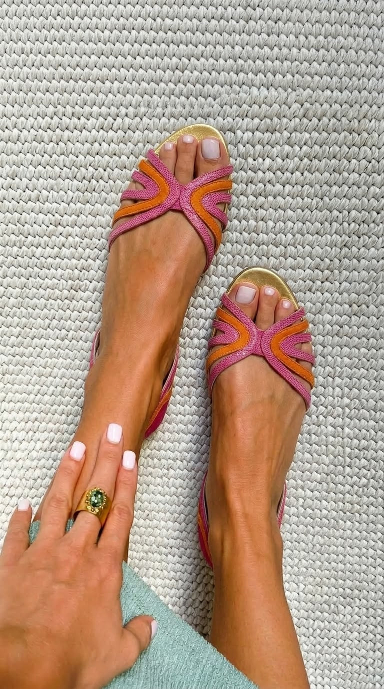 Sandales plates peep toe Orange et Rose avec brides