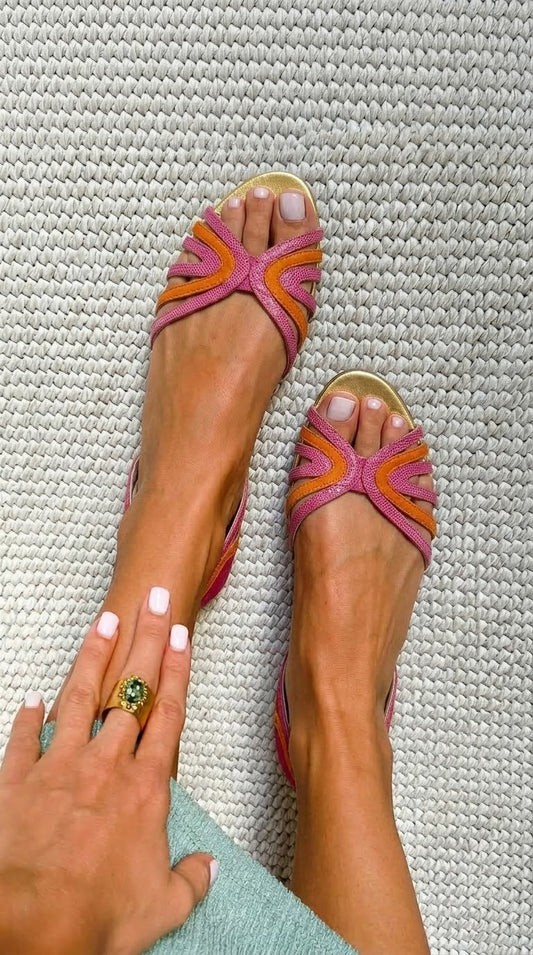 Sandales plates peep toe Orange et Rose avec brides