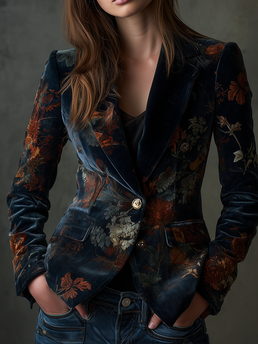 Aurélienne | Blazer en Velours Fleuri à Boutons Métalliques